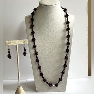 Vintage Garnet Cluster Beaded Necklace with Matching Garnet DanglePost Earrings